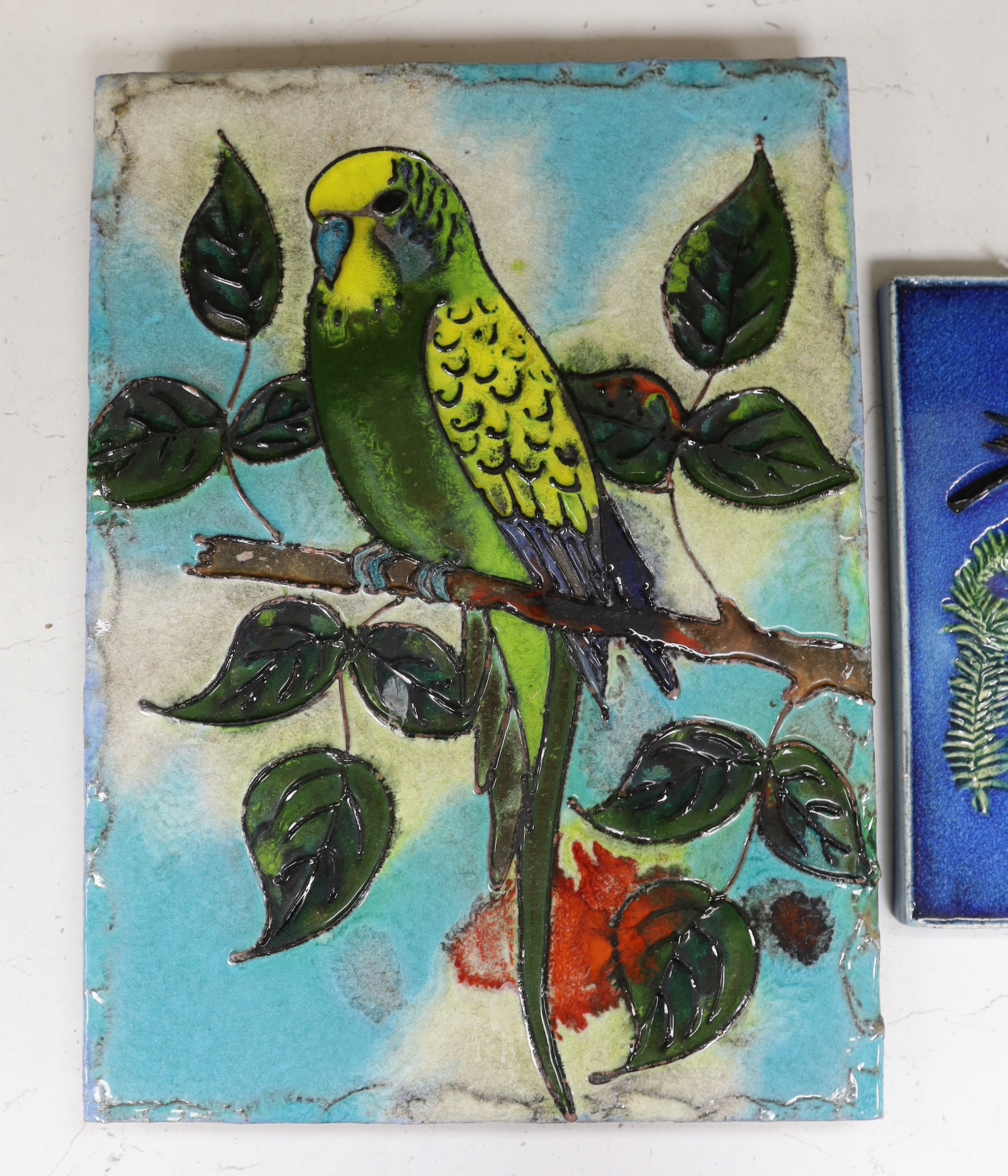 Two West German pottery Karlsruhe Majolika 1960s wall plaques of birds, the larger with budgie, smaller with blue tits, larger plaque 40 x 39.5cm